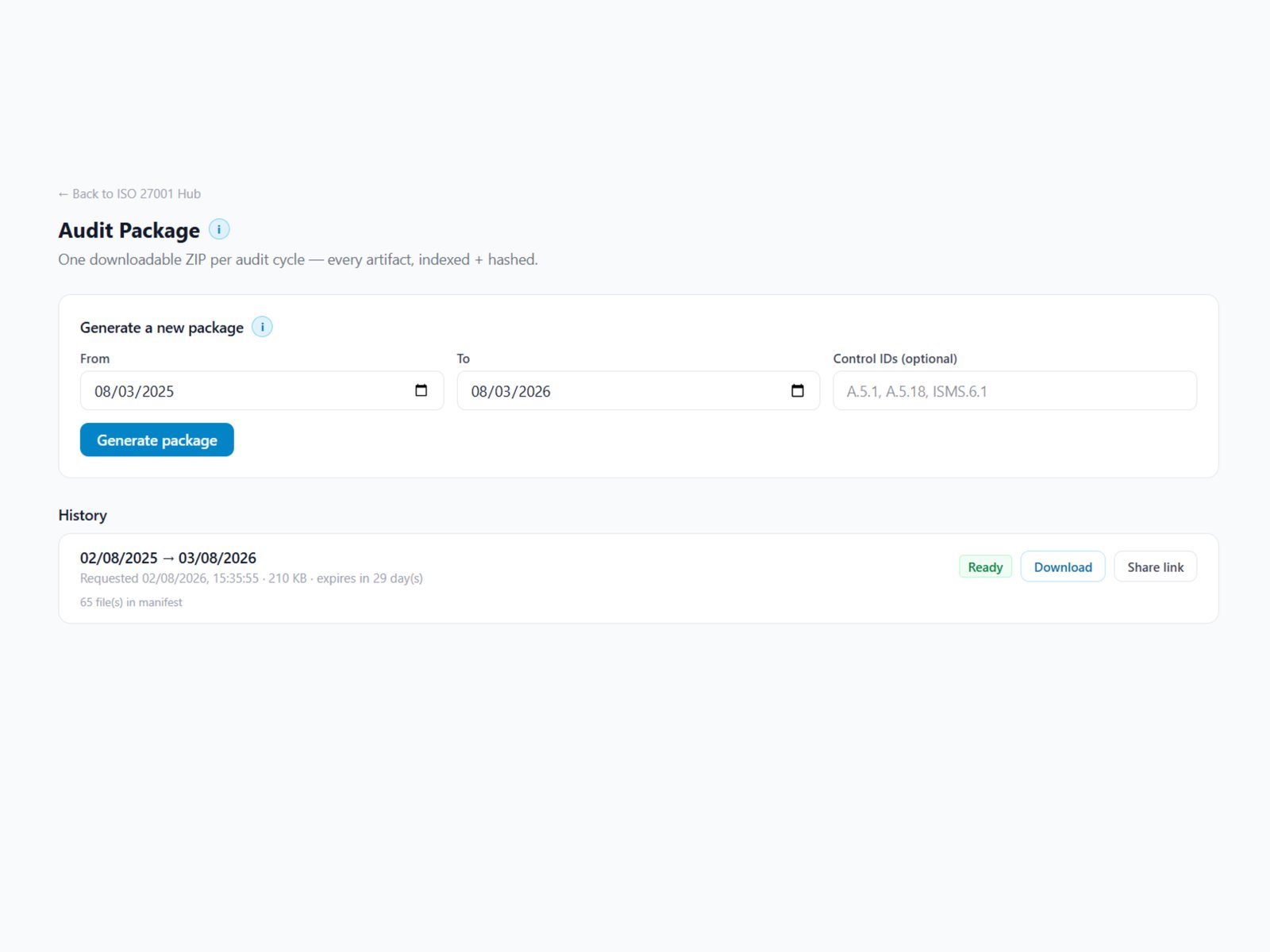 Auditor package builder showing control and evidence counts